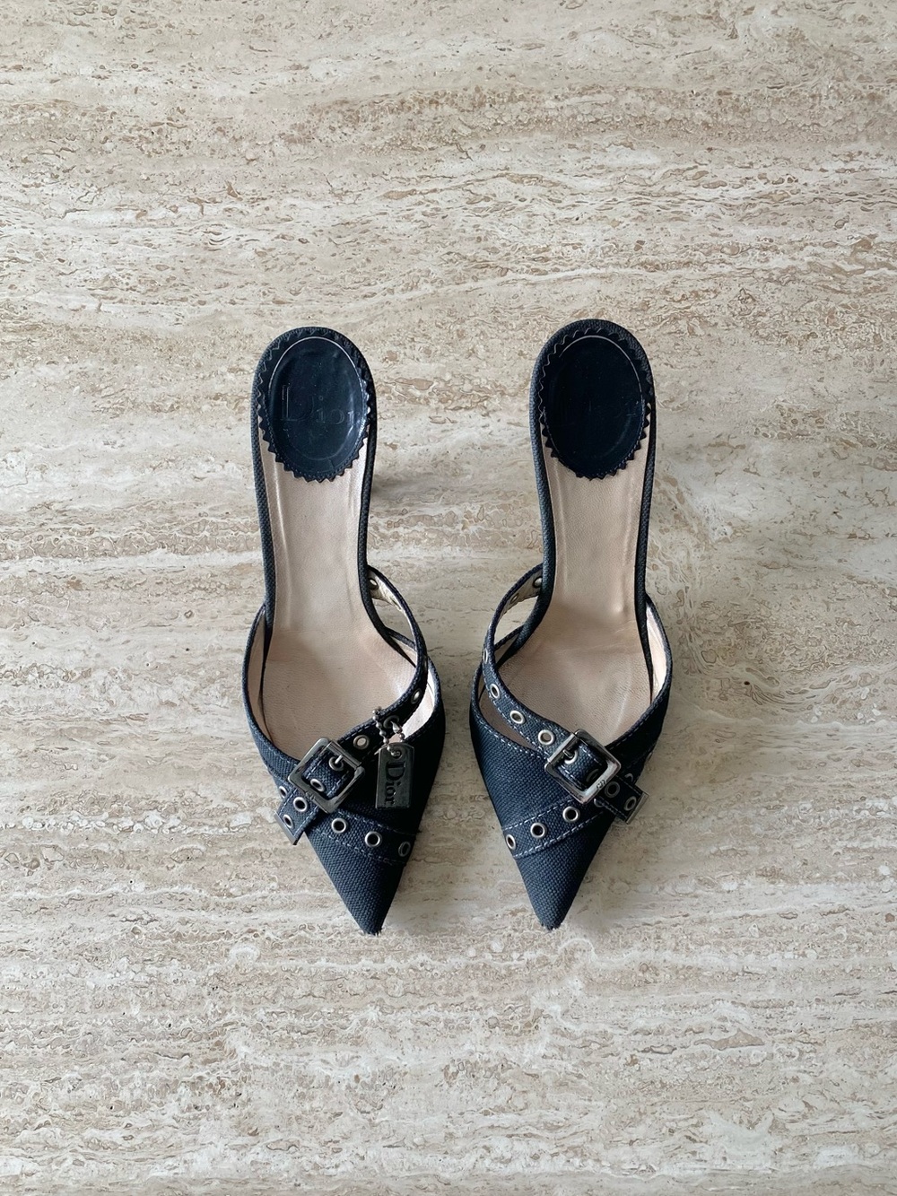 Vintage Dior Grommet Logo Tag Buckle Mule Heels